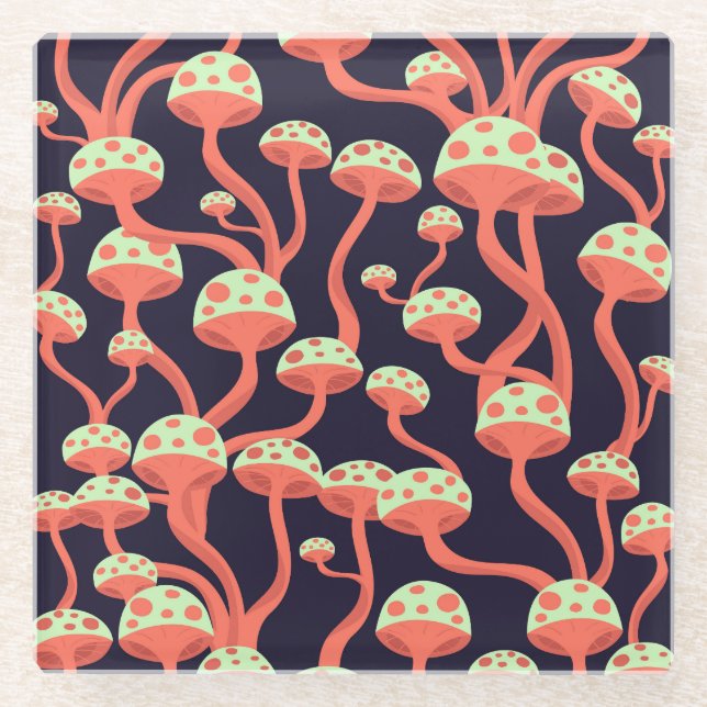 Vintage Graphics Mushrooms Seamless Pattern Glass Coaster (Front)