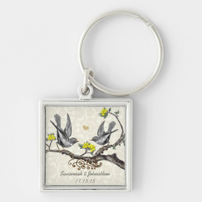 Vintage Gray Birds Yellow Flower Wedding Key Chain (Front)