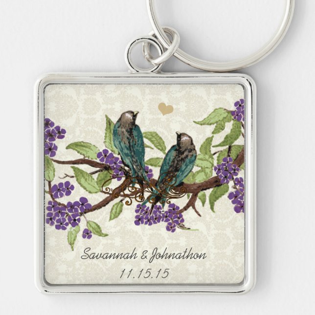 Vintage Gray Birds Yellow Flower Wedding Key Chain (Front)