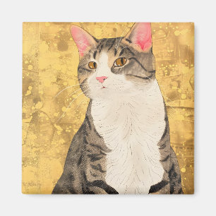 Vintage Gray White Cat Portrait Magnet