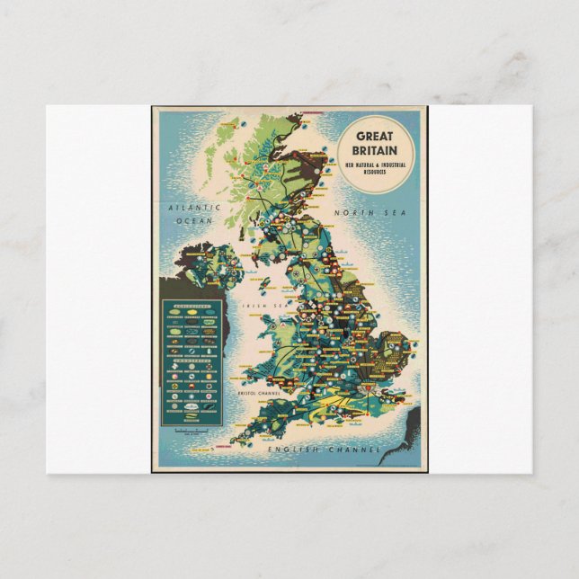 Vintage Great Britain Resources Map Postcard (Front)