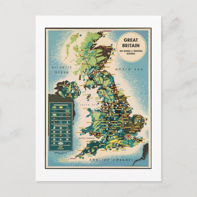 Vintage Great Britain Resources Map Postcard (Front)