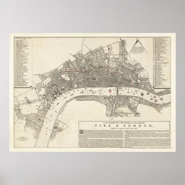 Vintage Great Fire of London Map (1666) Poster (Front)