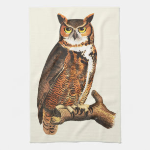Vintage great horned owl drawing tea towel