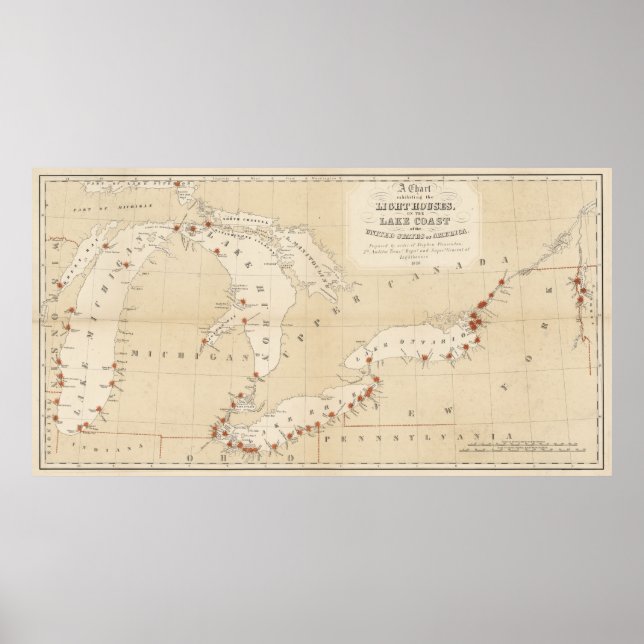 Vintage Great Lakes Lighthouse Map (1848) Poster (Front)