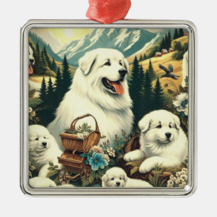 Vintage Great Pyrenees Dog Illustration Metal Tree Decoration