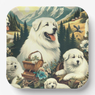 Vintage Great Pyrenees Dog Illustration Paper Plate