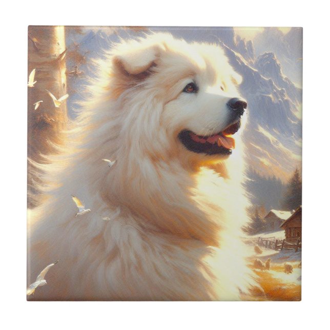 Vintage Great Pyrenees  Dog Painting Tile (Front)