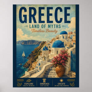 Vintage Greece Travel Poster with Coastal Town and
