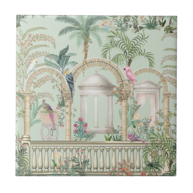Vintage Greek Garden Arch Parrot Tropical Trees Tile (Front)