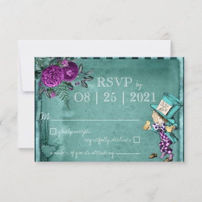 Vintage Green Alice in Wonderland Wedding RSVP (Front)