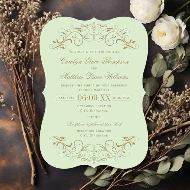 Vintage Green and Antique Gold Flourish Wedding Invitation (Creator Uploaded)