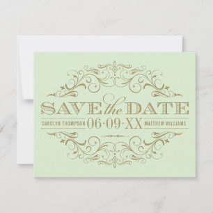 Vintage Green and Antique Gold Flourish Wedding Save The Date