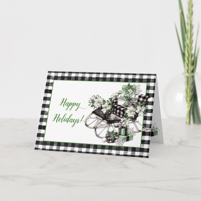 Vintage Green and Black Plaid Sleigh Packages Card (Front)