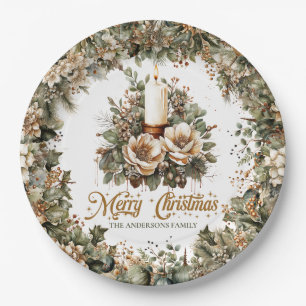 Vintage green and gold ad white Christmas candle Paper Plate