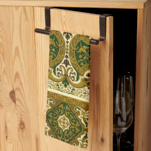 Vintage Green and Gold Floral Pattern Tea Towel