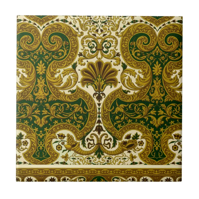 Vintage Green and Gold Floral Pattern Tile (Front)