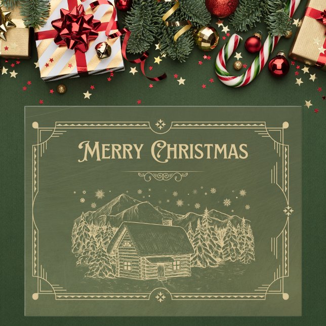 Vintage Green and Gold Merry Christmas Cabin Postcard (Creator Uploaded)