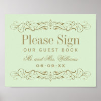 Vintage Green and Gold Scrollwork Guest Book Sign