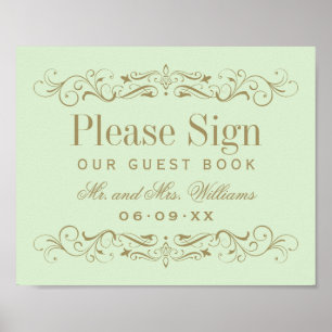 Vintage Green and Gold Scrollwork Guest Book Sign