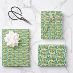 Vintage Green and orange Buttercup floral pattern Wrapping Paper Sheet