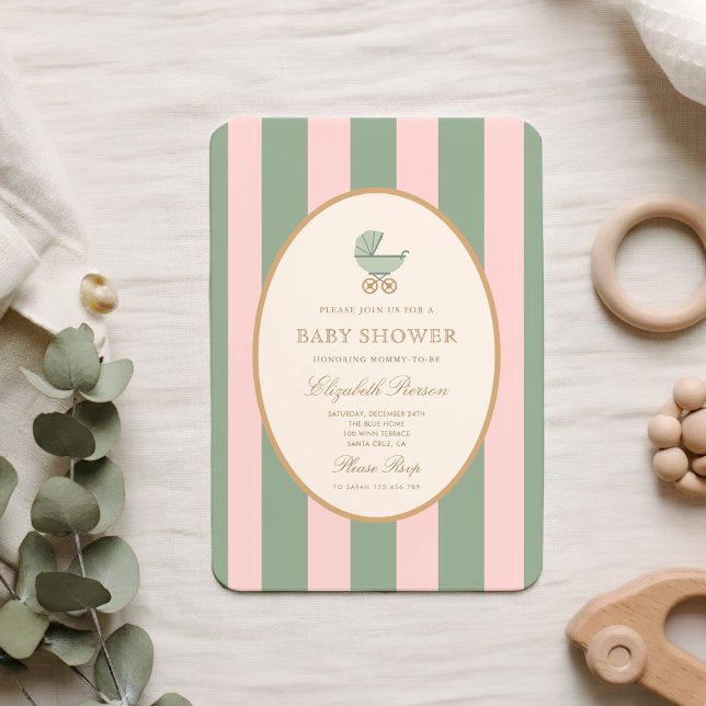 Vintage Green and Pink Striped Baby Shower   Invitation (Creator Uploaded)