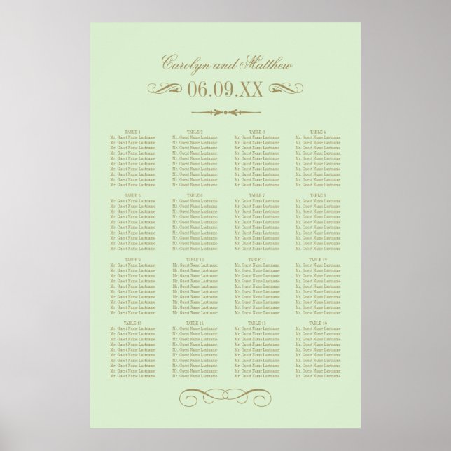 Vintage Green Antique Flourish Wedding Seating Poster (Front)