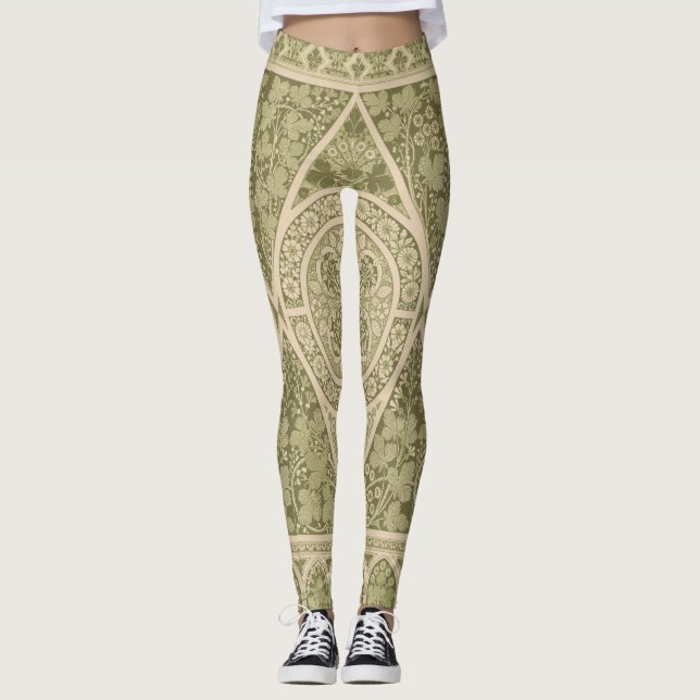 Vintage Green Art Nouveau Floral Pattern Leggings (Front)
