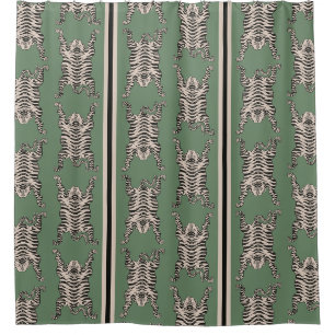 Vintage Green Asian Tiger pattern Striped Shower Curtain