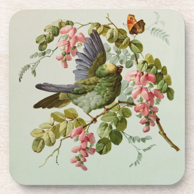 Vintage Green Bird and Pink Flowers Coaster (Front)