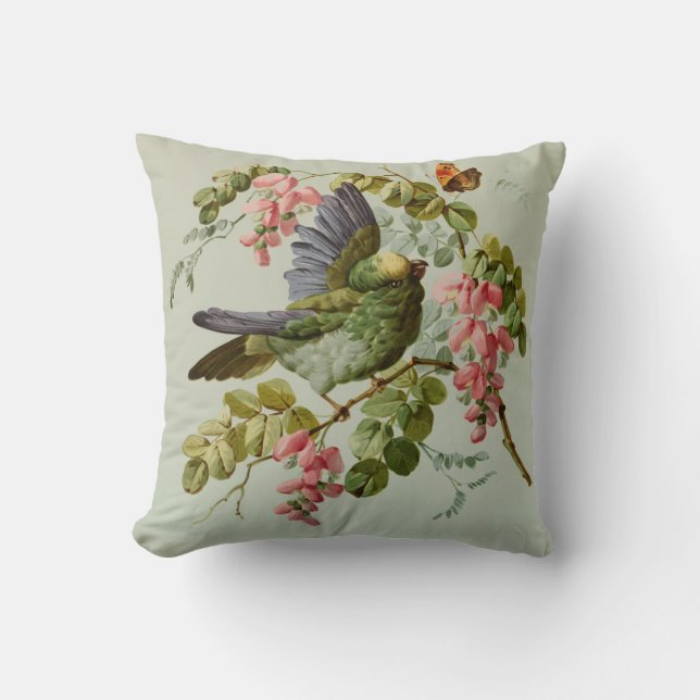 Vintage Green Bird and Pink Flowers Cushion (Front)