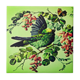 Vintage Green Bird Illustration by L. Prang & Co  Tile