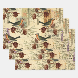 Vintage Green Birds and Pine Cones Wrapping Paper Sheet