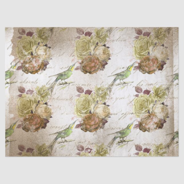 Vintage Green Birds and Roses Decoupage Tissue Paper (Front)