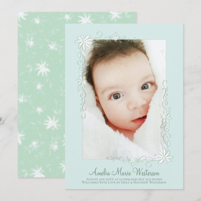 Vintage Green Birth Announcement Gender Neutral (Front/Back)