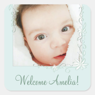 Vintage Green Birth Announcement Gender Neutral Square Sticker