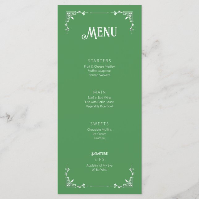 Vintage Green Birthday Menu Flat Card  (Front)