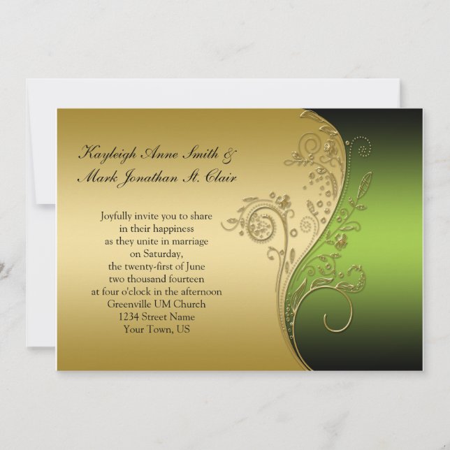 Vintage Green Black and Gold Wedding Invitation (Front)