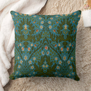 Vintage Green Blue William Morris Autumn Flowers Cushion