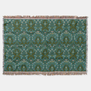 Vintage Green Blue William Morris Autumn Flowers Throw Blanket