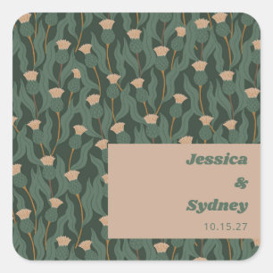 Vintage Green Blush Floral Boho Wedding Custom Square Sticker