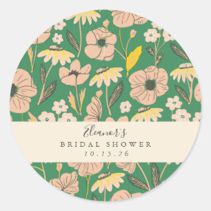 Vintage Green Boho Floral Custom Bridal Shower  Classic Round Sticker