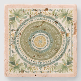 Vintage Green Boho Mandala Stone Coaster
