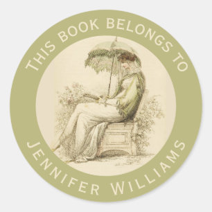  Vintage Green Bookplate Regency Lady Reading Book Classic Round Sticker