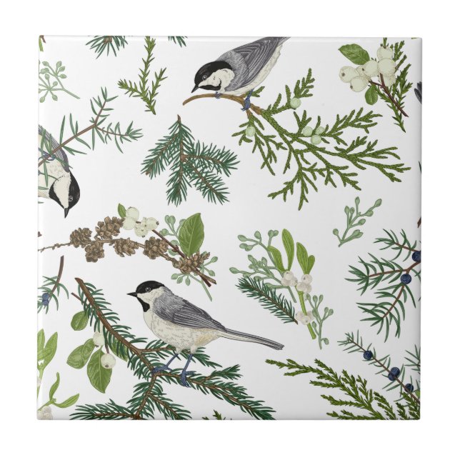 Vintage Green Botanical Chickadee Art Nouveau Tile (Front)