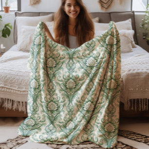 Vintage green botanical pattern fleece blanket