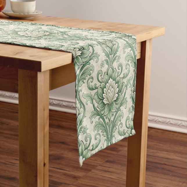 Vintage green botanical pattern short table runner (In Situ)