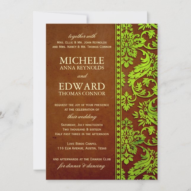 Vintage Green & Brown Damask Lace Wedding Invitation (Front)
