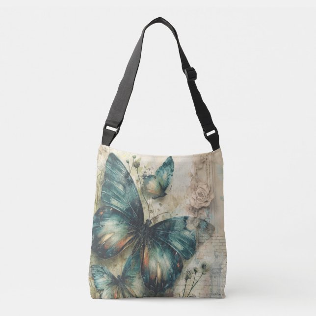 Vintage Green Butterflies Crossbody Bag (Front)