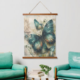 Vintage Green Butterflies Hanging Tapestry